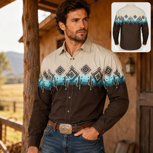 Chemise boutonnée pour homme Western Wear avec logo personnalisé, imprimé aztèque, manches longues, style cowboy ranch country, couleur contrastée - Product Image 1