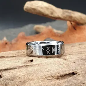Custom Tungsten Jewelry 8mm Beveled Edge Futhark Runen Silver Tungsten Ring Mens Wedding Ring Tungsten