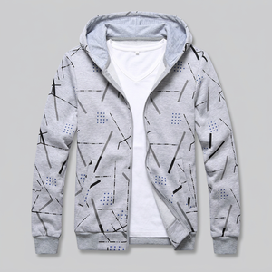 Custom Made Men's Allover Print <b>Grey</b> <b>Zip</b>-<b>Up</b> Knitted Fleece <b>Hoodies</b> Winter Polyester/Cotton Hooded Collar Solid Pattern Design - Product Image 1