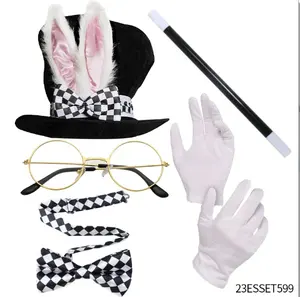 Conjunto de Disfraz de Conejo Blanco: <span class=keywords><strong>Sombrero</strong></span> <span class=keywords><strong>Loco</strong></span>, Orejas de Conejo, Gafas, Lazo, Guantes, 100% Algodón, Accesorios para Playa, <span class=keywords><strong>Pascua</strong></span>, Halloween - Product Image 2