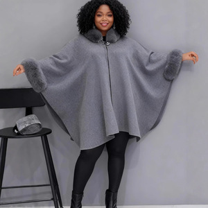New Plus Size Cloak Custom Warm Autumn and Winter Large Fur Collar Mid Length <strong>Coat</strong> Cloak Shawl Loose Ladies Women Shawl - Product Image 1