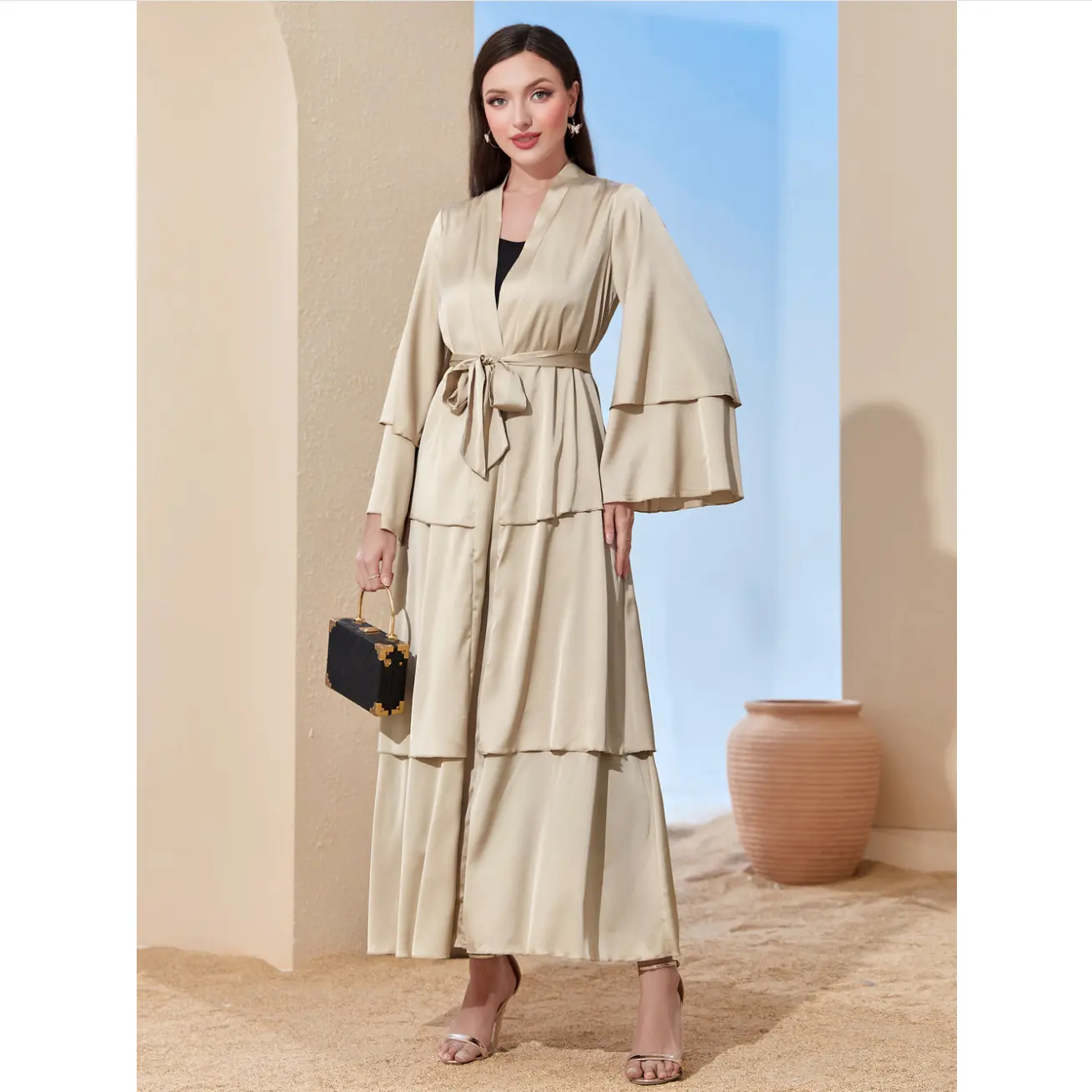 Kebaya satén Eid Dubai Turquía moda elegante vestido islámico Abaya vestido musulmán ropa para mujeres lazo en capas frente Abaya Kaftan