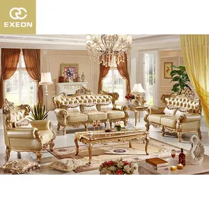 Manufacturer Custom New Design European Luxury Style Antique Sofa Classic Golden Genuine Leather Villa Sofa Sets