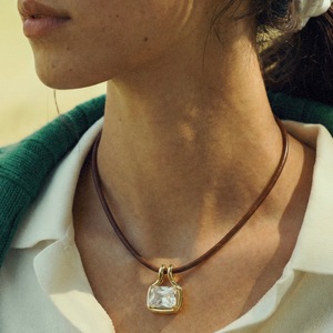 For New Arrival Chunky Rock <strong>Candy</strong> Emerald Zircon Aurora <strong>Necklace</strong> Chic Classic Style Stainless Steel Leather Cord <strong>Necklace</strong> - Product Image 2