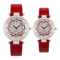 Montre de couple rotative porte-bonheur avec diamants, mouvement Ronda762, verre saphir, acier inoxydable, cuir véritable, pour homme et femme