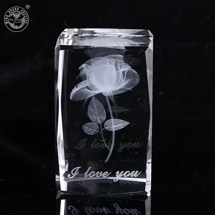 Glass Souvenir Mh-ft082 3d Etched Glass Souvenir For Customize Engraved Rose Crystal Cube Block