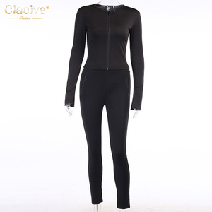 delle donne Della Chiusura Lampo Nero Pantaloni di Cotone Set Maglia A Manica Lunga Pantaloni <span class=keywords><strong>Abbigliamento</strong></span> Abiti <span class=keywords><strong>Per</strong></span> Le <span class=keywords><strong>Signore</strong></span> - Product Image 5