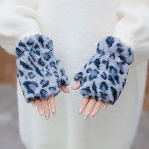 Gants sans doigts pour femmes, imprimé léopard, en polaire pelucheux, mitaines demi-doigts - Product Image 6