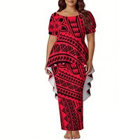 Ensemble deux pièces Puletasi sur mesure, imprimé tribal polynésien intégral, col bateau, manches courtes, tunique évasée irrégulière