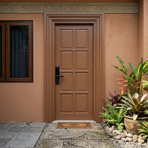 Esta puerta de entrada frontal de estilo americano con múltiples paneles cuenta con una cerradura inteligente para mayor seguridad y un elegante marco decorativo. - Product Image 5