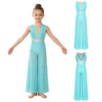 Combinaison de danse pour filles en maille transparente, style lyrique, avec garniture en strass, décolleté en V profond, dos croisé, jambes larges, tenue de scène