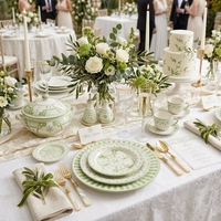 Assiettes élégantes en porcelaine fine à motifs géométriques, vaisselle en céramique rayée verte, services de table ethniques en porcelaine pour mariage, assiettes à salade et à soupe