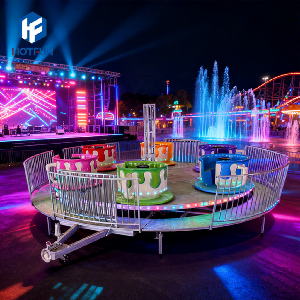 Hotfun Factory Price Amusement Park Rides Games Carnival Games Electric Coffee Cups Tea Cup Kiddie Ride with Trailer for Sale