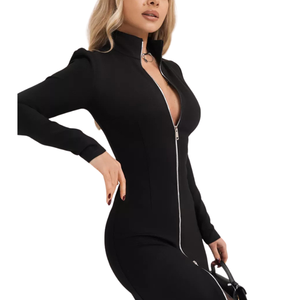 Vestido ajustado de manga larga sólido Sexy para mujer con cremallera frontal Fitness Midi vestidos Casual Slim Party Clubwear - Product Image 3