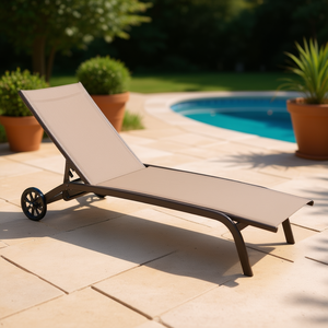 Chaise longue d'extérieur réglable avec roulettes, structure en acier marron, tissu polyester, pour se détendre au bord de la piscine - Product Image 2