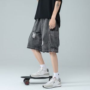 Jean décontracté pour homme, coupe courte et ample, délavé, style streetwear estival - Product Image 2