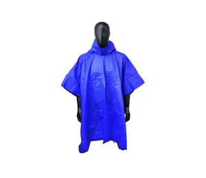 批发伊娃雨披带兜帽环保塑料蓝色雨衣夹克
