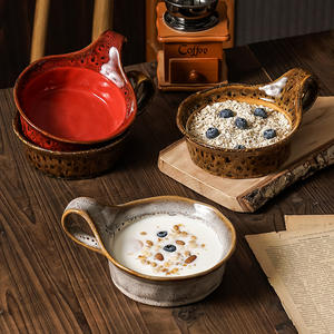 Tazón de Cerámica Chaozhou de 401-500 ml, Hecho a Mano, Estilo Bohemio, con Estampado de Leopardo, Tazón para Ensalada con Dos Asas para Uso Doméstico - Product Image 5