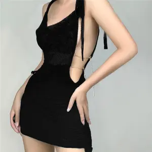 Hot Sale Summer Womens Sexy Suspender V-Neck Side Cutout Chain Embellished Dress Clothing