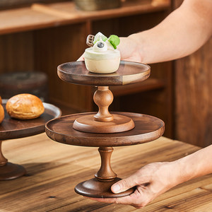 Assiette <span class=keywords><strong>à</strong></span> dessert ronde en bois d'acacia sur pieds hauts avec couvercle en verre, origine Chine, pour gâteau, <span class=keywords><strong>pain</strong></span>, fruits, en-cas - Product Image 2