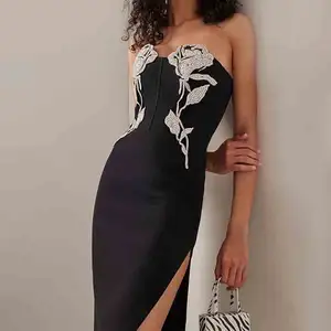 Elegant Formal Custom Lady Strapeess Slit Dress With Diamonds Prom Solid Bodycon Casual Dress