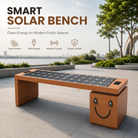 Banc solaire intelligent en forme de U à motif bois, avec port de charge USB, sans dossier, pour espaces publics et de loisirs