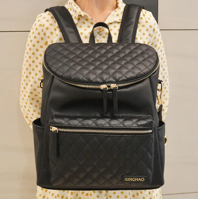 Trendy Diamond Lattice Pattern Quilted Black Vegan PU Leather Mummy Bag Travel Diaper Nappy Baby Backpack Custom