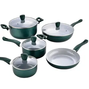 Set di pentole da cucina, Set di pentole in ceramica di alluminio pressato 9PC con coperchio in vetro verde