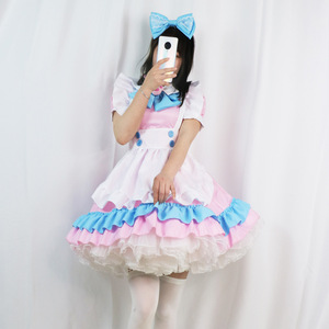 Lolita Maid Dress Pink Blue Ruffle Skirt With Big Bow Cosplay Costume For Anime Role Play Women Plus Size - Product Image 2