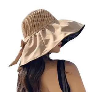 Summer Big Brim Bucket Hat For Women Mesh Knit Dome Anti UV 50+ Sunscreen Sun Hats Folding Outdoor Beach Caps Travel Panama Cap