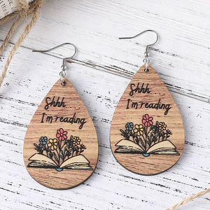 Pendientes de madera Nuevos pendientes personalizados en forma de gota de agua Regalo del día del maestro Pendientes de madera de doble cara para mujeres Uionen 986 - Product Image 2