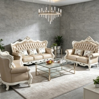 Europäisches Klassisches Ledersofa-Set Massivholz Geschnitztes Luxus-Wohnzimmersofa Möbel für Zuhause, Hotel und Villa
