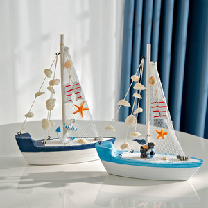Mediterranean Style Seashell Sailboat Decor Blue White <b>Tabletop</b> Indoor Home Decor Gift - Product Image 1