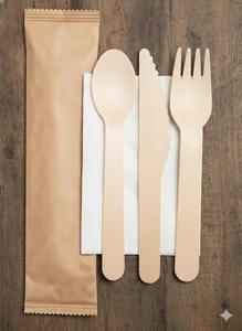 Ensemble de couverts jetables KEGO écologiques et biodégradables 100% en bois de magnolia conifera, 10 pièces (cuillère, fourchette, couteau, serviette en papier) - Product Image 2