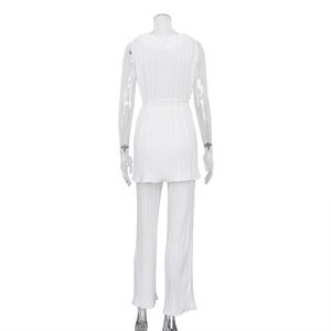 Offre Spéciale plus récent <span class=keywords><strong>été</strong></span> <span class=keywords><strong>2022</strong></span> mode décontracté blanc plissé pantalon col rond cravate sans manches T-Shirt femmes deux pièces costumes - Product Image 4