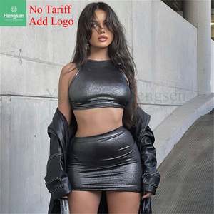 مجموعة لامعة شفافة للنساء صدرية بسيطة بدون خصر + فستان قميص مع مجموعة عصرية من ملابس الشارع - Product Image 2