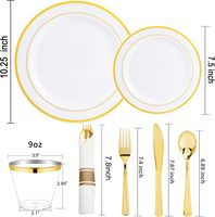 Ensemble de vaisselle jetable en plastique blanc et or, 700 pièces, très résistant, comprenant 200 assiettes, 100 serviettes avec couverts, 100 gobelets