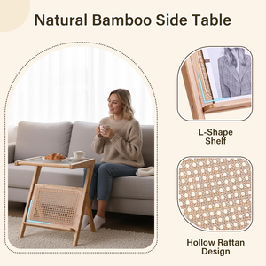Mesa Consola de Ratán con Estante de Almacenamiento, Mesa de Centro de Bambú Tejido para Sala de Estar, Dormitorio, Mesita de Noche, Mesa Auxiliar con Tapa de Cristal - Product Image 3