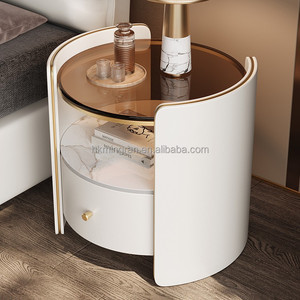 Modern Round Nightstand with Glass Top and Marble <b>Shelf</b> White Storage Drawer Bedroom Furniture - Product Image 1