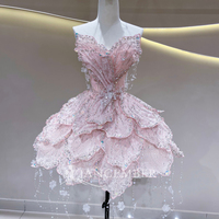 Robe de soirée mini rose à sequins Jfh161, sans bretelles, à volants, en tulle, ornée de perles et de franges, courte, pour mariage ou cocktail Jancember