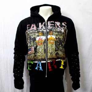 Sweat-shirt à capuche zippé pour homme Pakers Gear avec imprimé strass, coupe classique, style hip-hop, noir, manches longues, tricoté en polyester - Product Image 1