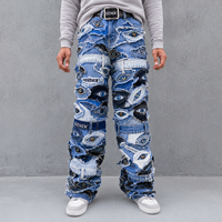 DiZNEW Jeans pour hommes style gothique avec broderie œil, denim épais, multi-couches, coupe ample, streetwear OEM