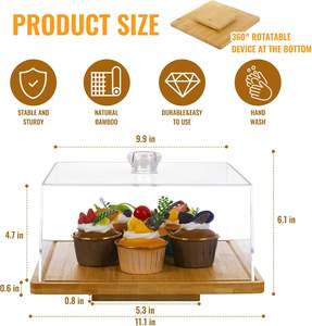 Acrylique Rotatif Carré Gâteau Stand Dôme Bambou <span class=keywords><strong>Fromage</strong></span> Tarte Cupcake Présentoir Spinner <span class=keywords><strong>Plateau</strong></span> De Service Couvercle pour Anniversaire Mariage - Product Image 6