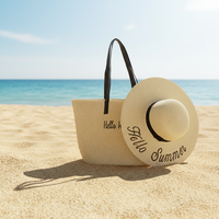 Ensemble Chapeau de Paille Brodé et Sac Fourre-tout – Chapeau de Plage en Raphia à Large Bord Anti-UV et Sac Assorti pour Vacances d'Été Décontractées – Collection Usine
