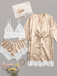 Sfy1133 vente en gros <span class=keywords><strong>pas</strong></span> cher à manches longues femmes pyjamas 4 pièces ensemble de vêtements de nuit sous-vêtements Sexy Satin vêtements de nuit Homewear Robe pyjamas femmes - Product Image 6