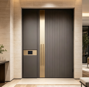 Puerta de Entrada Contemporánea de Acero Qifan con Detalles Dorados y Diseño Antirrobo, Apertura Manual, Superficie Exterior Acabada - Product Image 4