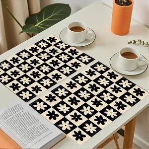 Black <strong>Cream</strong> Checkerboard <strong>Placemats</strong> with Floral Pattern Washable Modern Table Mats for Kitchen, Caf&eacute; or Dinner Party Decor - Product Image 3