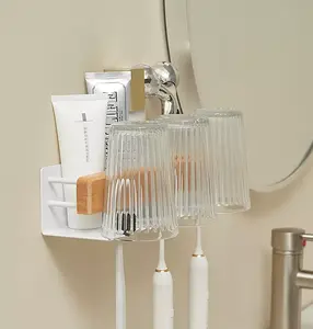 Solid wood toothbrush rack free punch mouthwash cup brush white bathroom wall-mounted shelf toothbrush holder