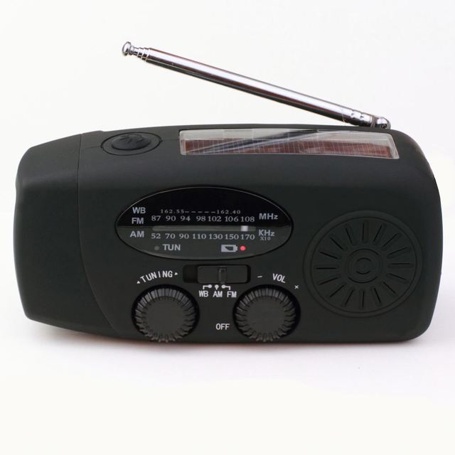 Mini Emergency Solar AM/FM NOAA Radio with Weather Warning 2000mAh Power Bank Flashlight Hand Crank LED Display-Portable Plastic