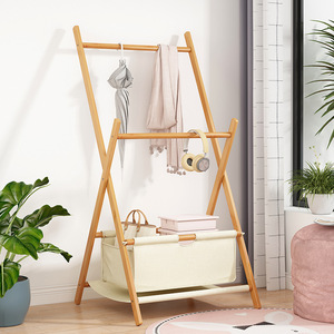 Bamboo Double Tier Coat <b>Rack</b> Foldable Standing Clothing Organizer Bedroom Storage <b>Rack</b> For Kids And Baby <b>Clothes</b> - Product Image 3